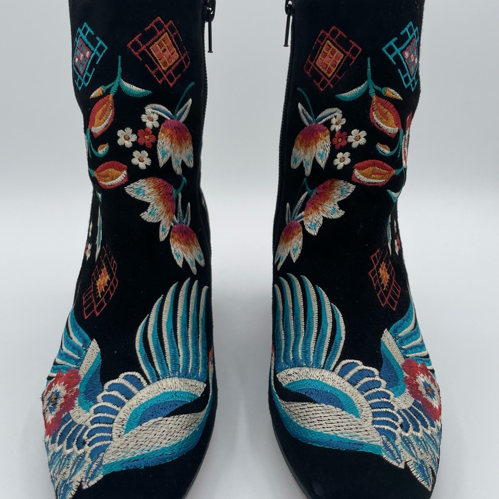 Embroidered Black Velvet Ankle Boots with Multicolor Floral Accents - Picture 3 of 16
